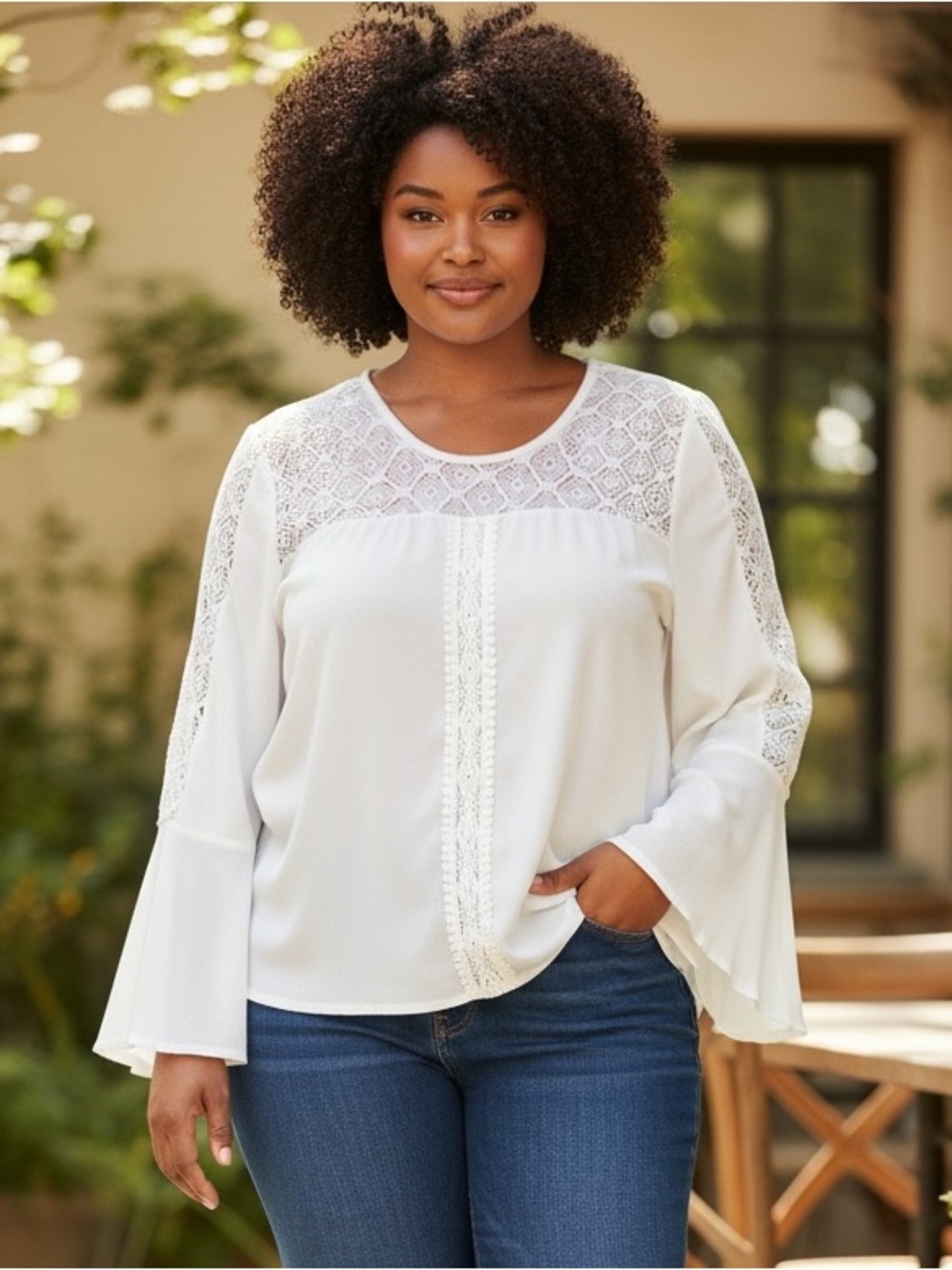 Cato Women’s Elegant White Lace Yoke Long-Bell Sleeve Dress  Blouse
